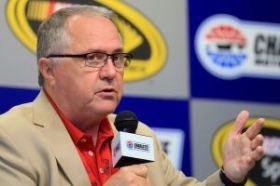 Doug Rice, broadcaster for PRN, speaks to the media during a press conference prior to practice for the NASCAR Sprint Cup Series All-Star Race at Charlotte Motor Speedway on May 15, 2015 in Charlotte, North Carolina (Photo Credit: Daniel Shirey / Getty Images)